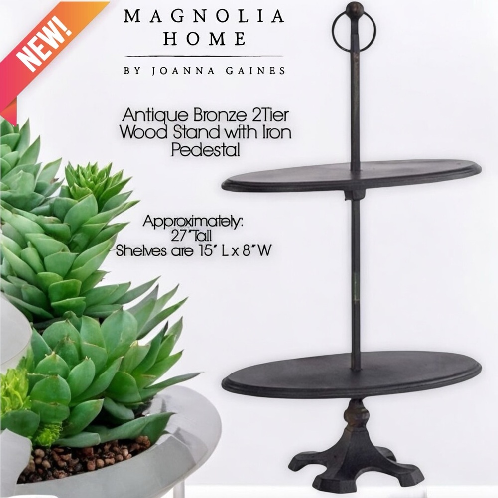 Magnolia Home by Joanna Gaines Antique Bronze 2-Tier Wood Stand w/ Iron Pedestal